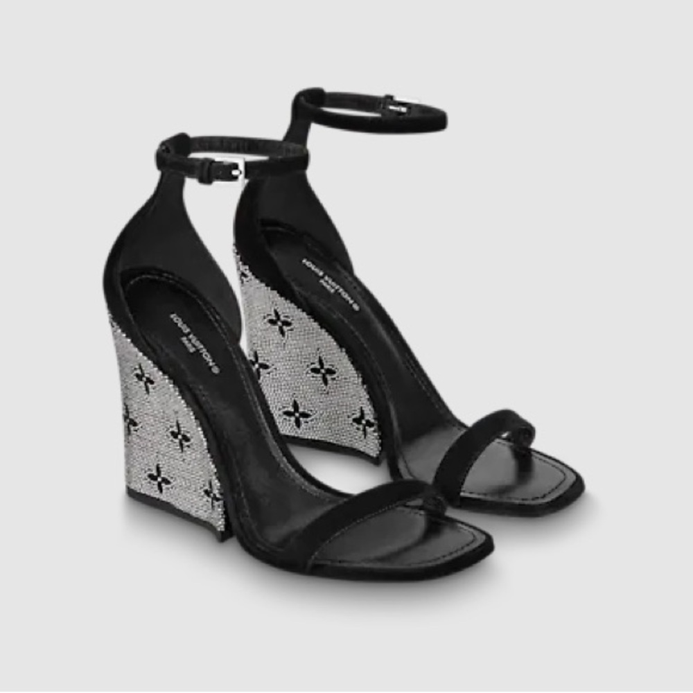 Louis Vuitton Black and Silver Monogram Wedge Sandals